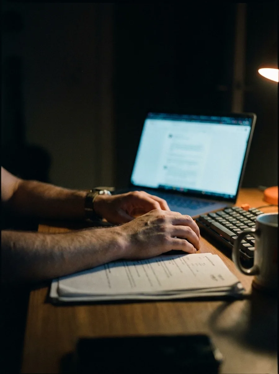 Hands at a laptop in a dark room, a printed report on the desk beside it, lit by a warm desk lamp