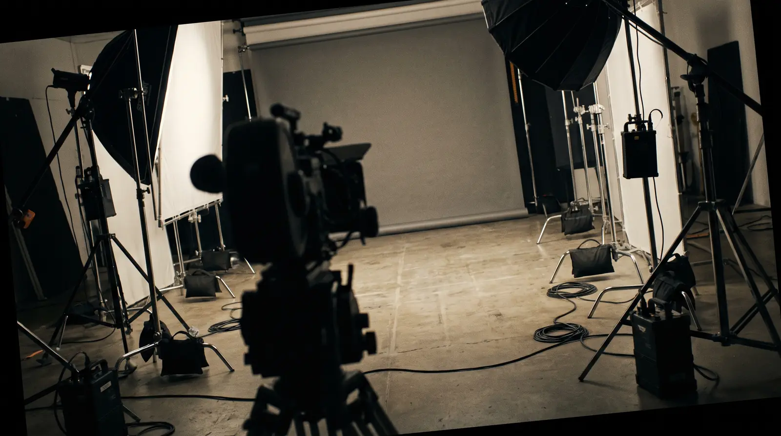 A lit photography studio set with camera, softboxes and seamless backdrop, ready for a shoot