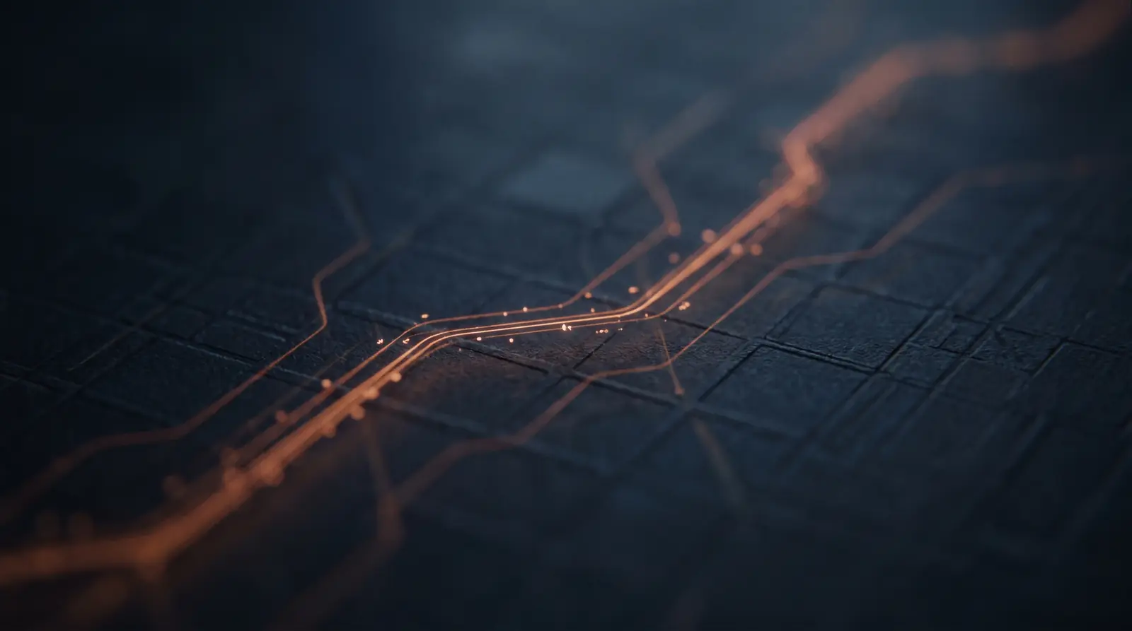 Abstract image of glowing orange signal lines tracing an ascending path across a dark grid