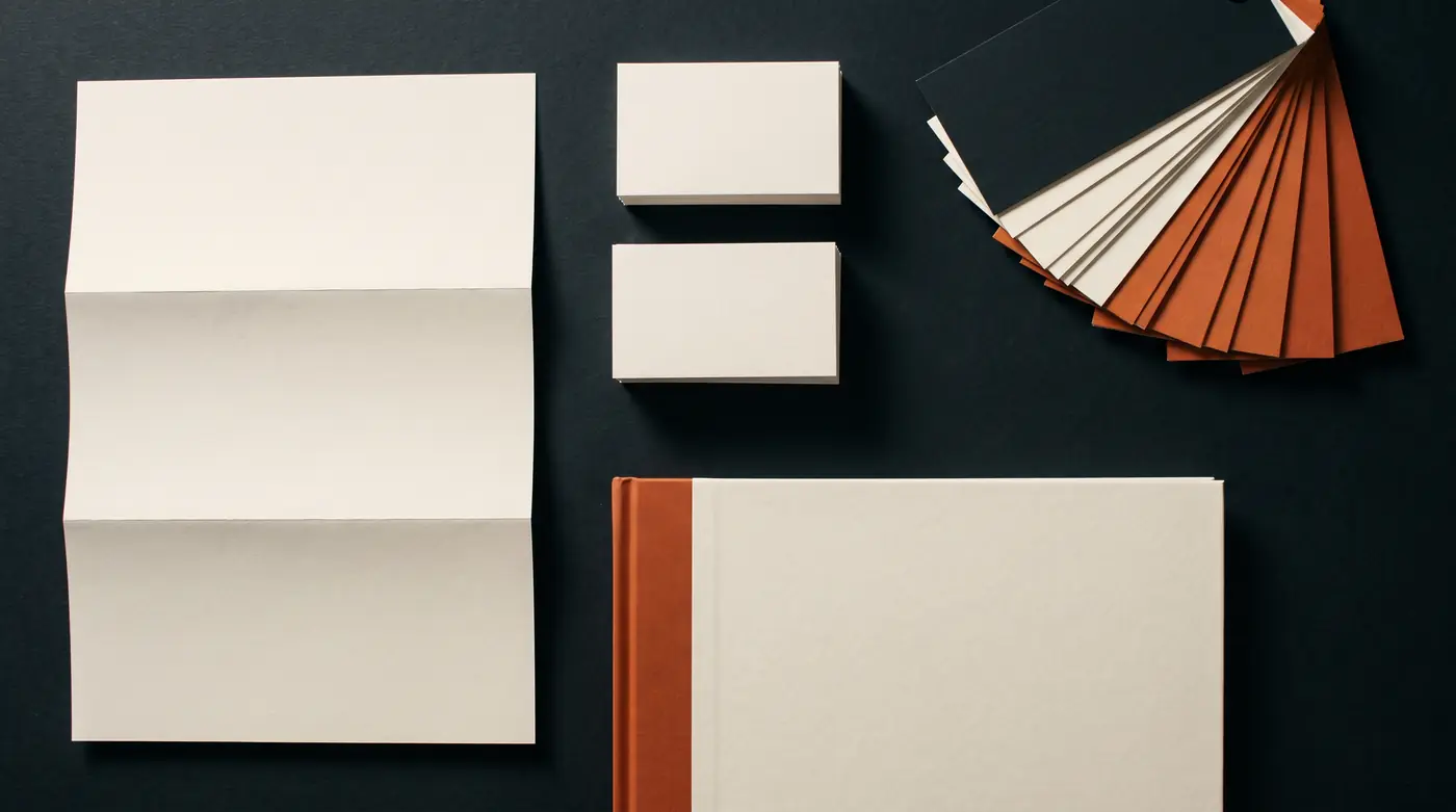 Blank brand identity kit — business cards, brand manual, letterhead and colour swatches on a dark surface