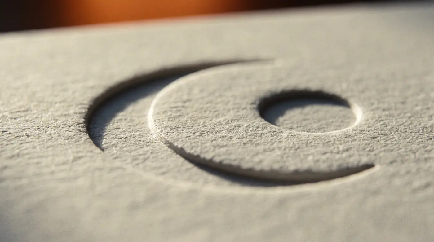 Macro photograph of an abstract mark blind-debossed into heavy cream cotton paper, raking light picking out the recessed edges