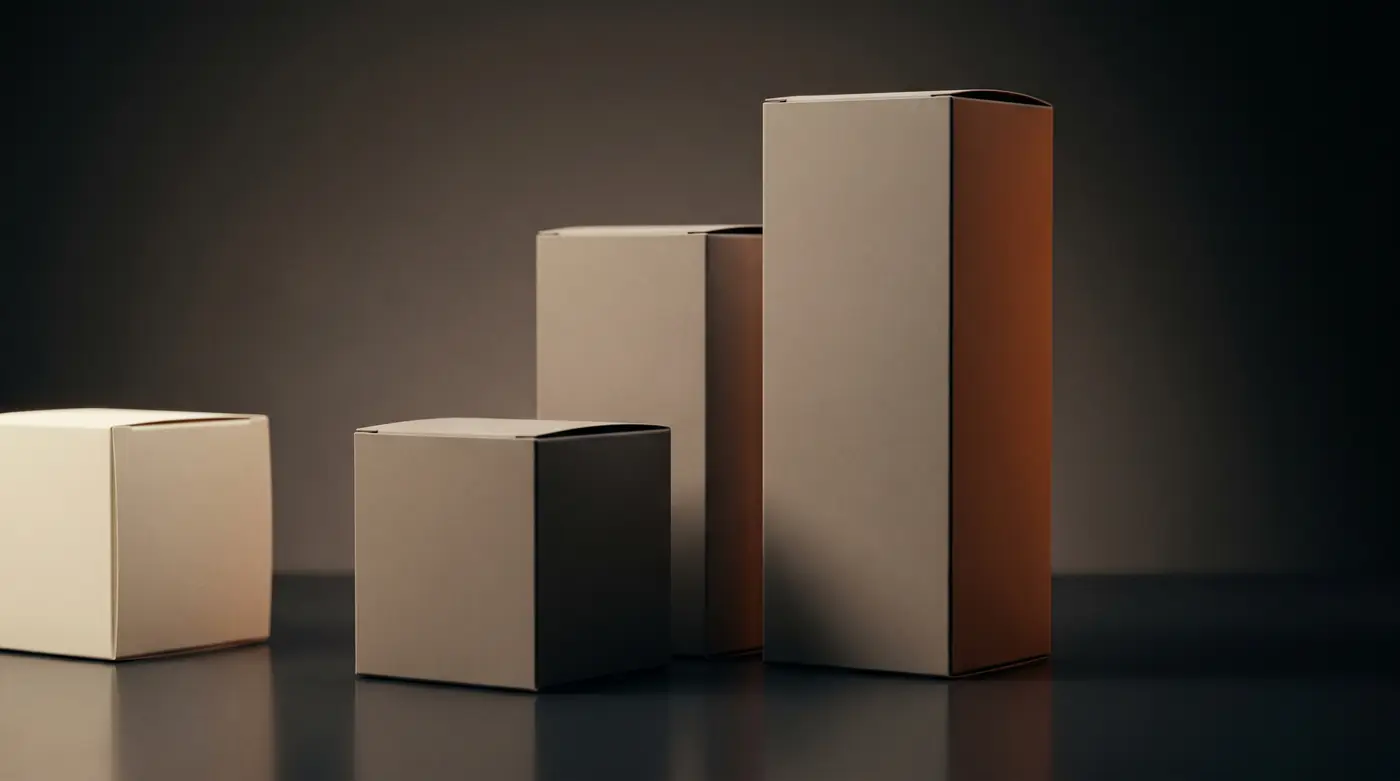 Three blank premium cartons of different heights on a dark reflective surface with a burnt-orange rim light