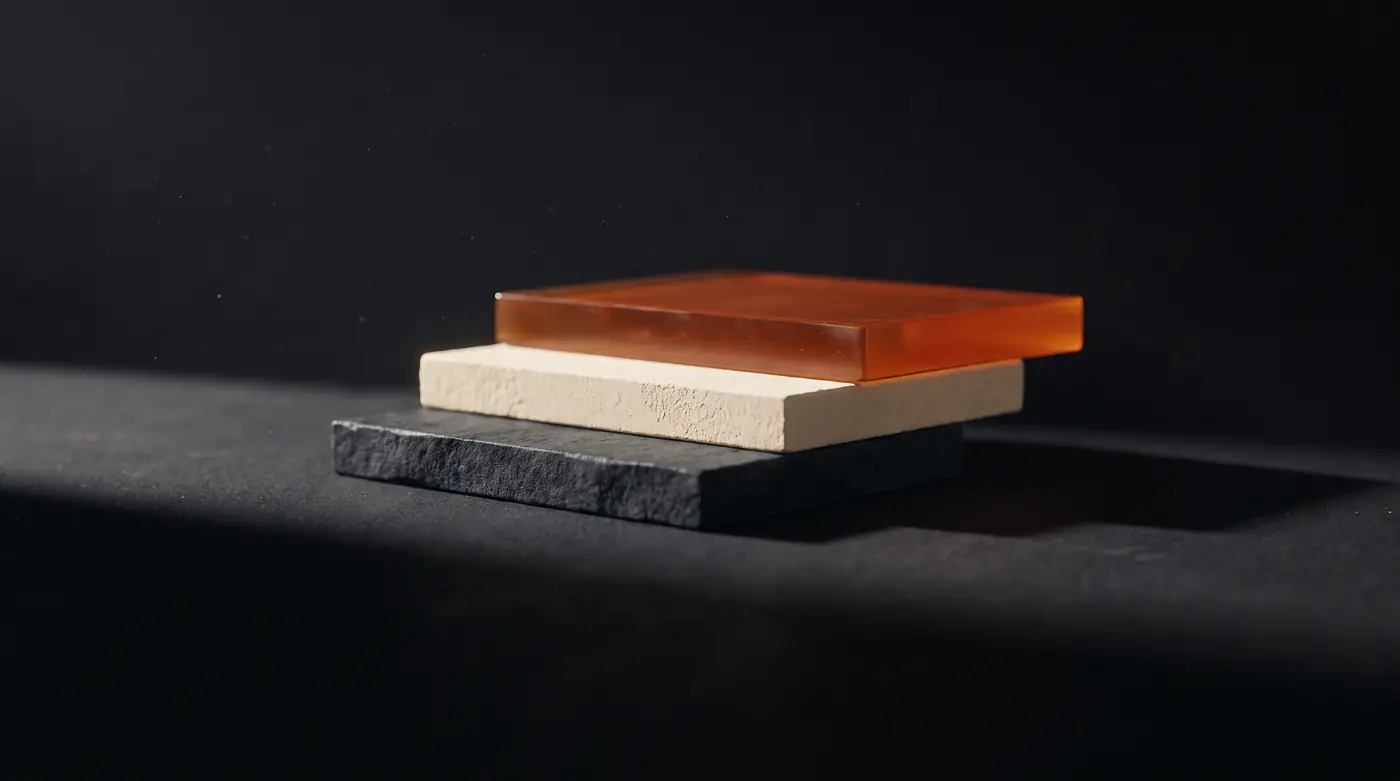 Three offset material slabs — charcoal stone, cream plaster and burnt-orange resin — lit by a single hard key light
