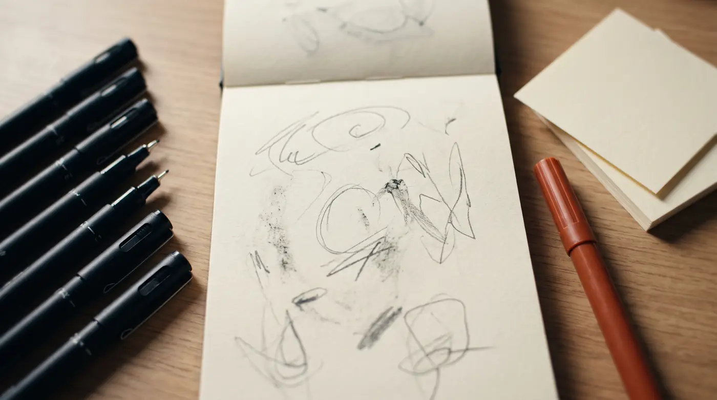 Overhead view of a designer's desk with an open sketchbook, fine liner pens, paper swatches and a burnt-orange marker